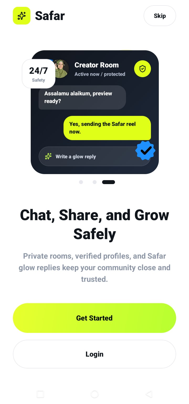 Step 02 · Chat, share & grow safely